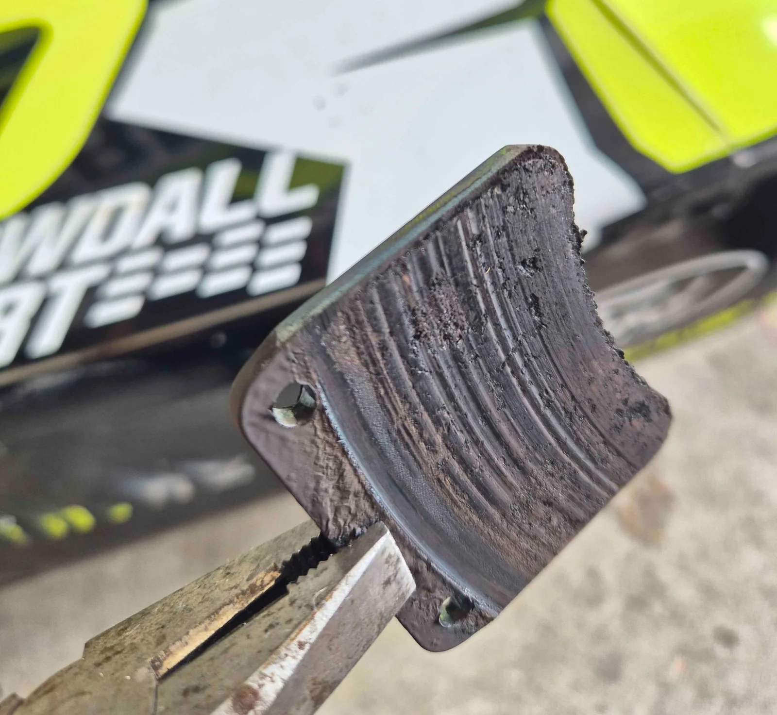 The worn brake pad from Blake Dowdall's #6 Formula Ford at Manfeild
