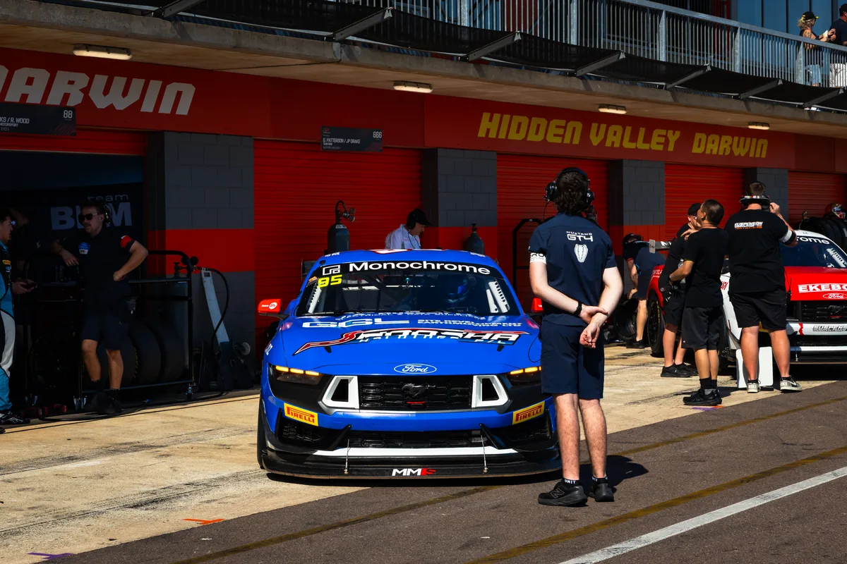 Blake Dowdall's #95 Ford Mustang GT4 in the Hidden Valley pit lane in Darwin