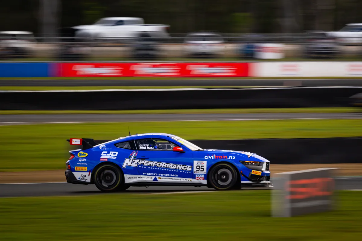 Blake Dowdall's Ford Mustang GT4 at speed during qualifying at Queensland Raceway