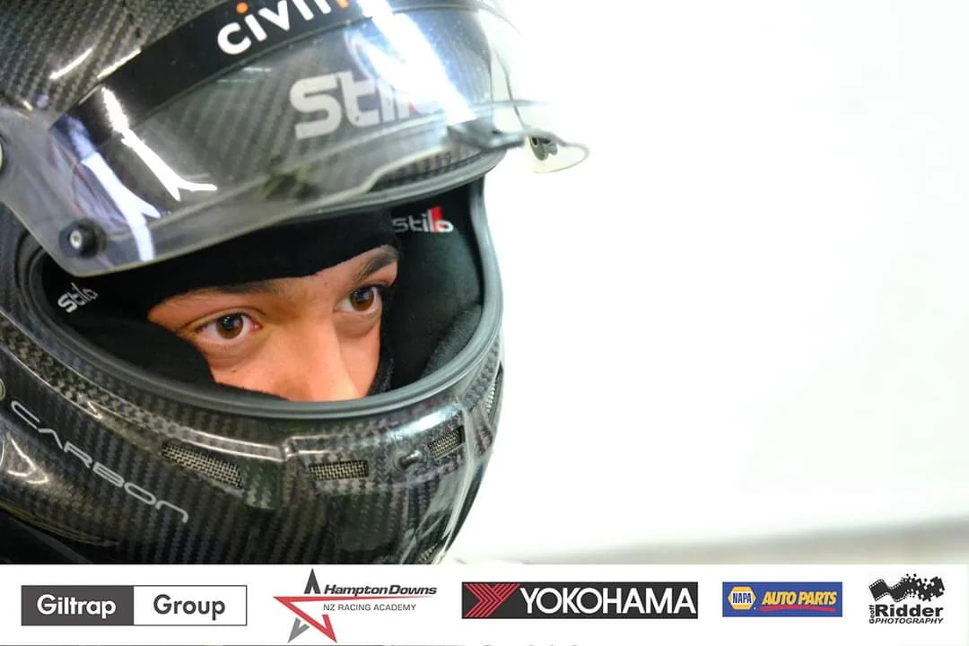 Blake Dowdall helmeted and focused at Hampton Downs.