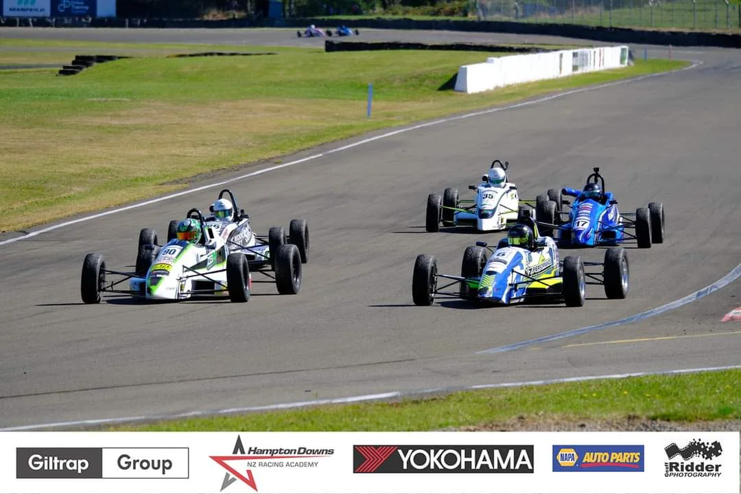 Blake Dowdall battles in the Formula Ford pack at Hampton Downs for the New Zealand Grand Prix meeting.