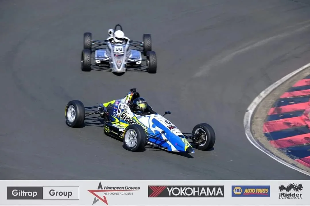 Blake Dowdall racing his #6 Formula Ford during the 2023-24 North Island Formula Ford Championship.