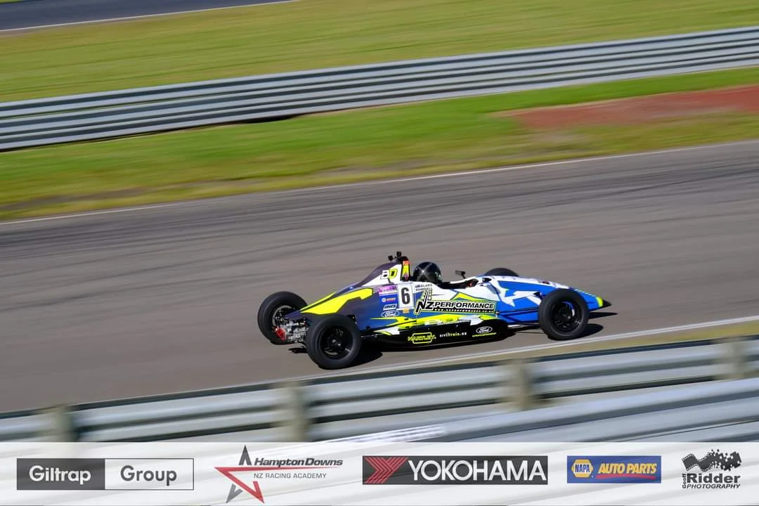 Blake Dowdall racing his #6 Formula Ford during the 2023-24 North Island Formula Ford Championship.
