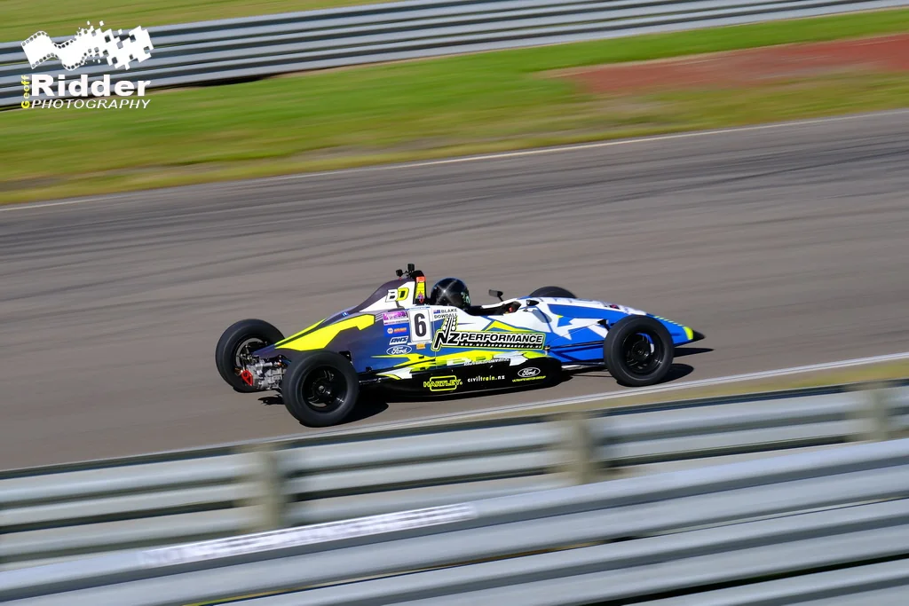Blake Dowdall racing his #6 Formula Ford during the 2023-24 North Island Formula Ford Championship.