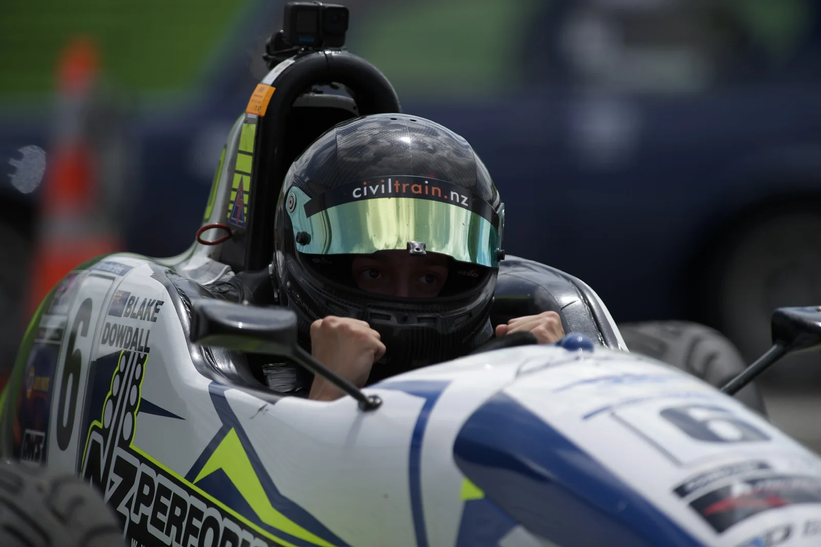 Blake Dowdall helmeted and focused during the 2023-24 North Island Formula Ford Championship.