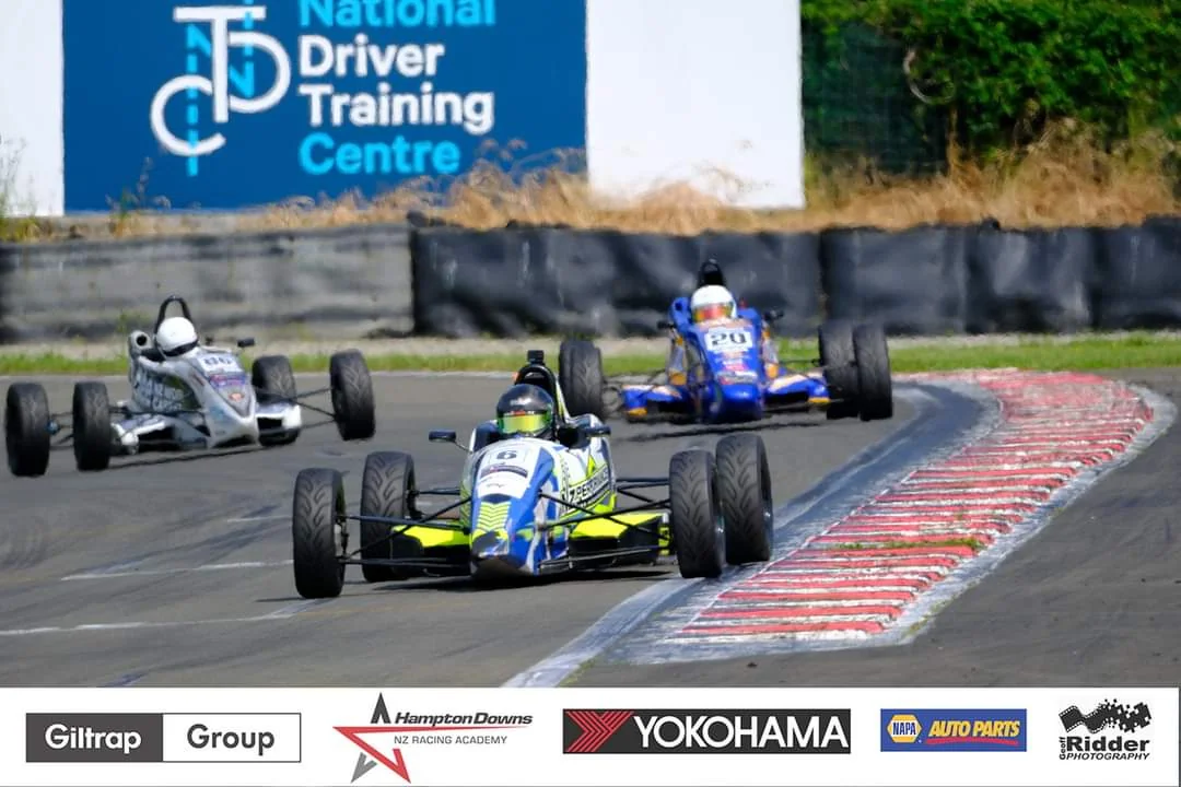Blake Dowdall battles in the Formula Ford pack during the 2023-24 North Island Formula Ford Championship.