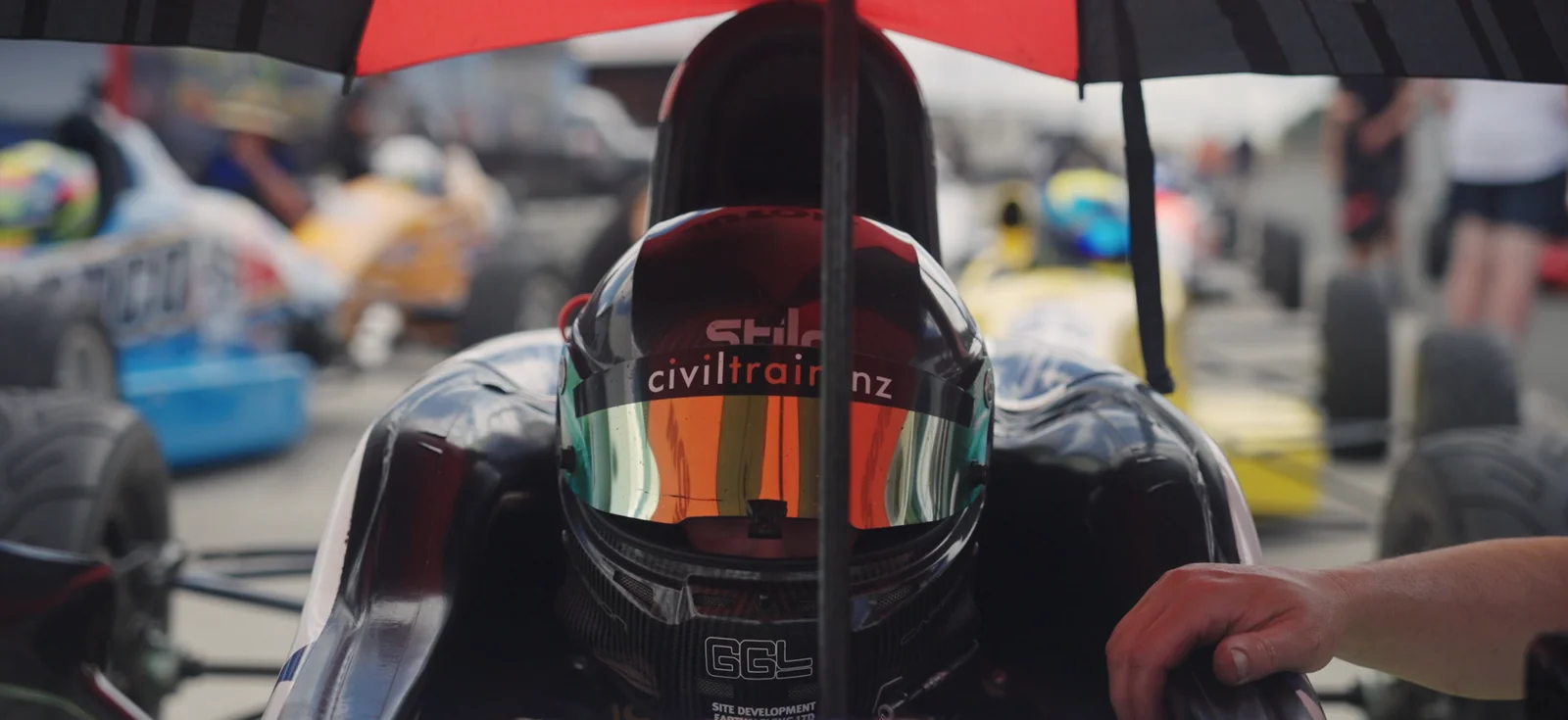 Blake Dowdall helmeted and focused at Hampton Downs.