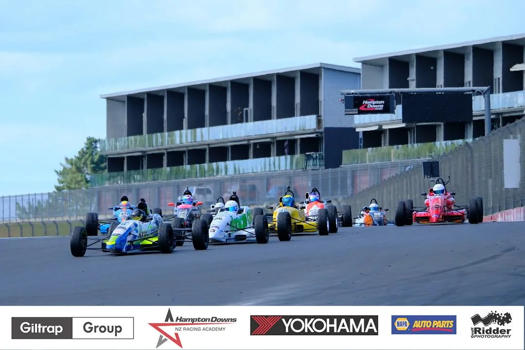 Blake Dowdall battles in the Formula Ford pack at Hampton Downs.