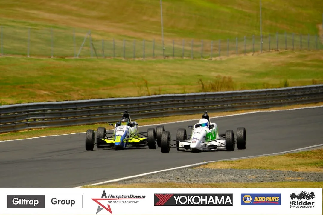 Blake Dowdall battles in the Formula Ford pack at Hampton Downs.