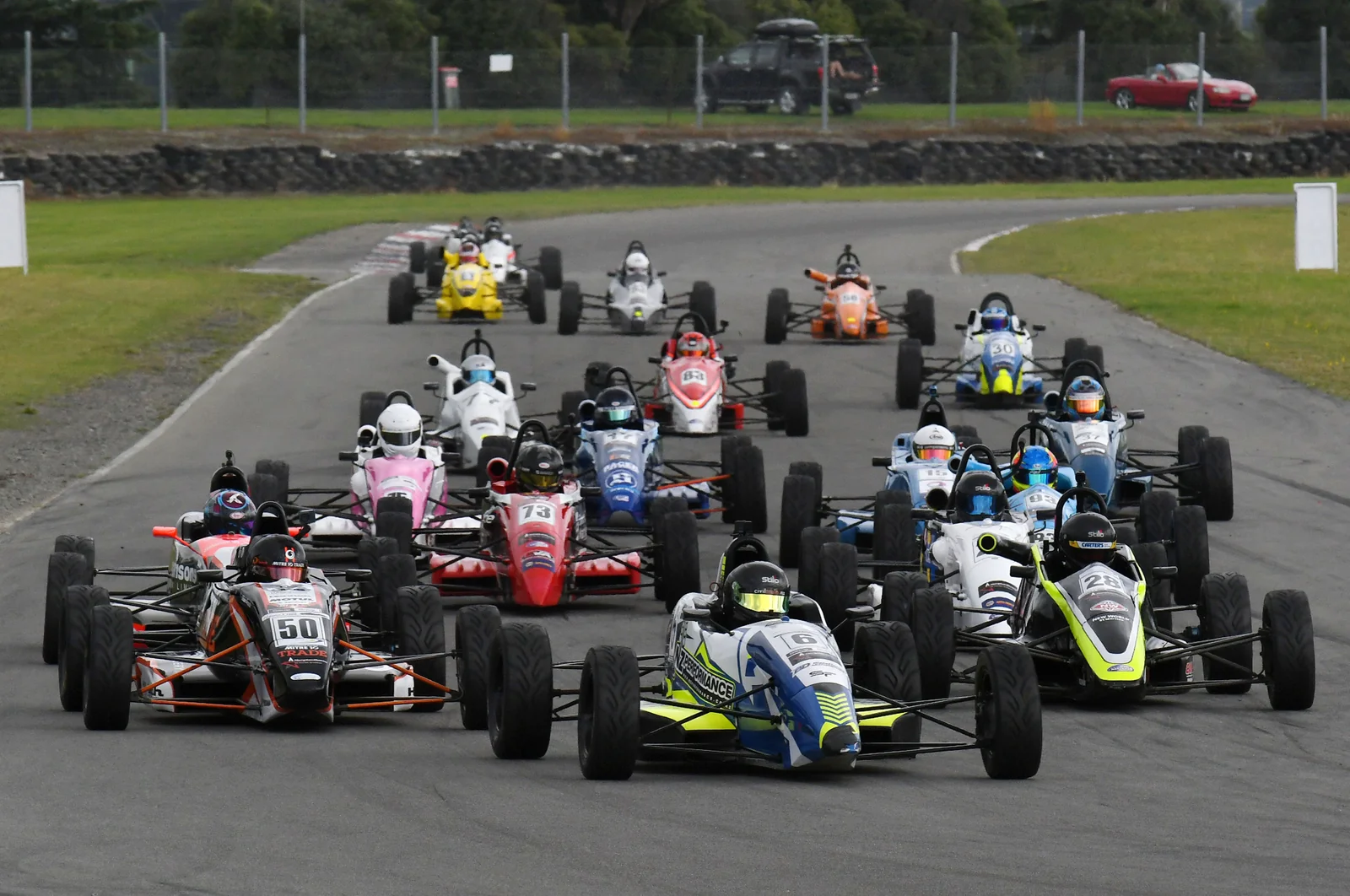 Blake Dowdall battles in the Formula Ford pack at Ruapuna.