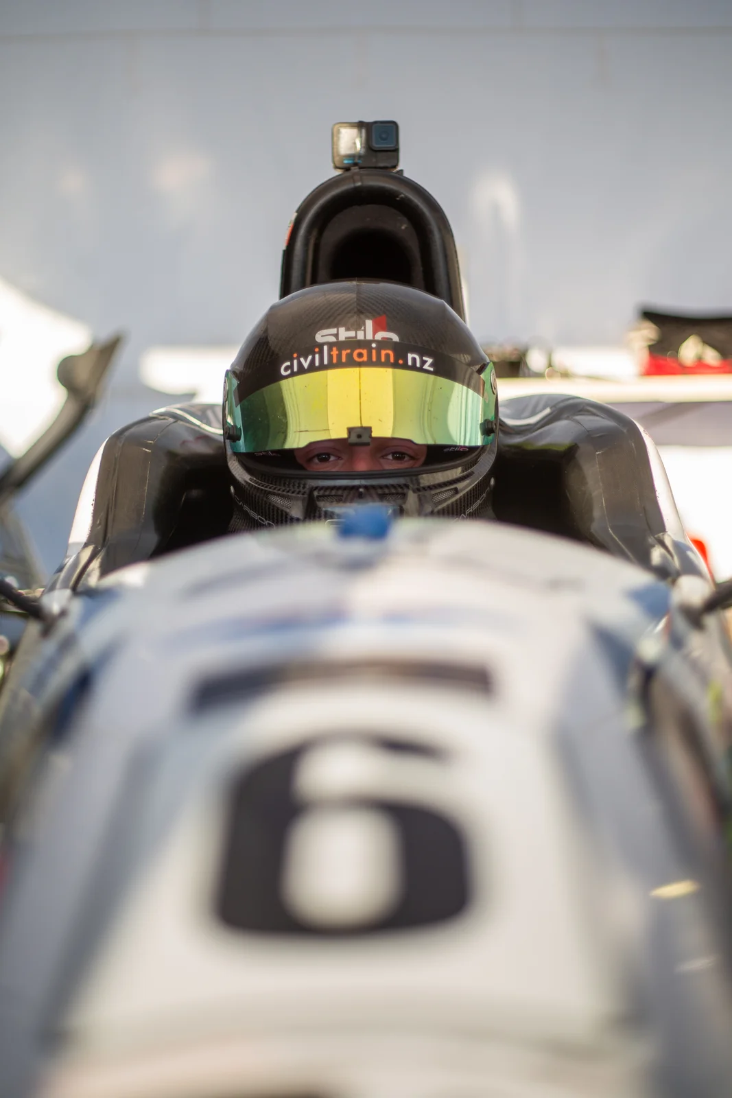 Blake Dowdall helmeted and focused at Hampton Downs.