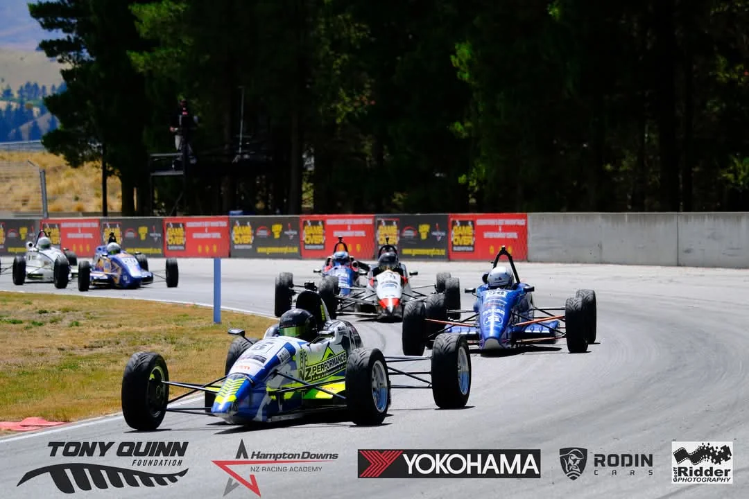 Blake Dowdall celebrates with his team at Highlands Motorsport Park.