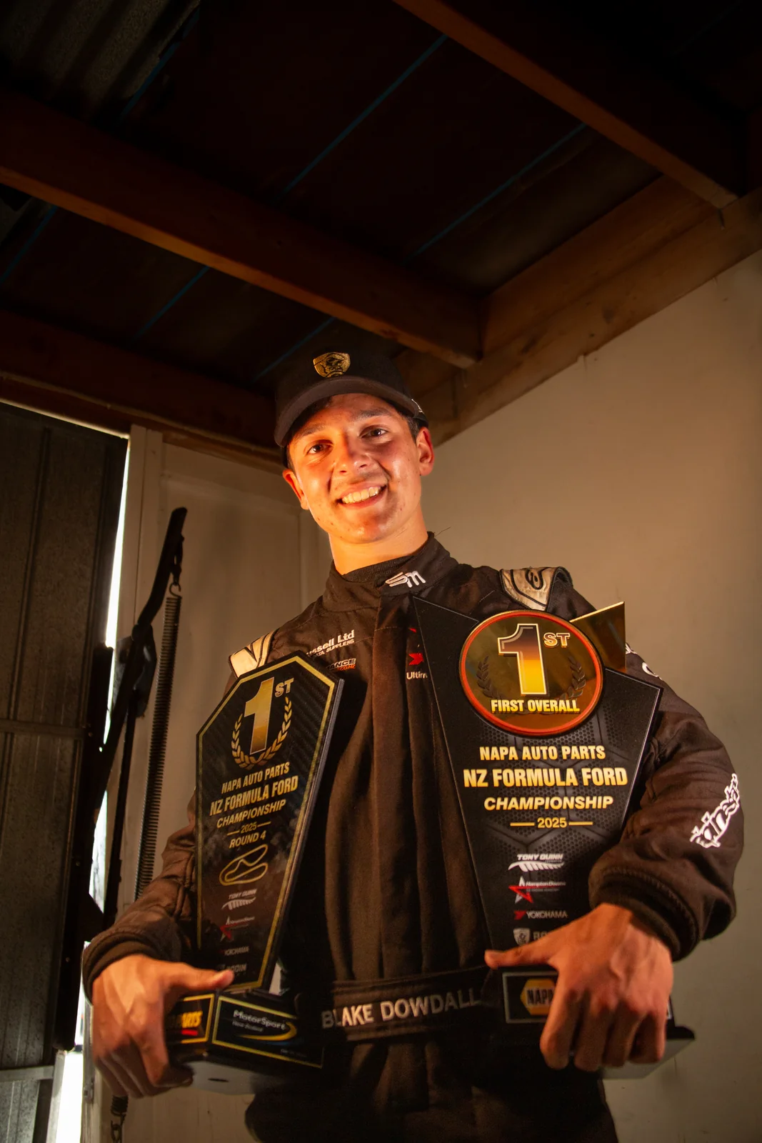 Blake Dowdall celebrates winning the 2025 NZ Formula Ford national title at Manfeild.