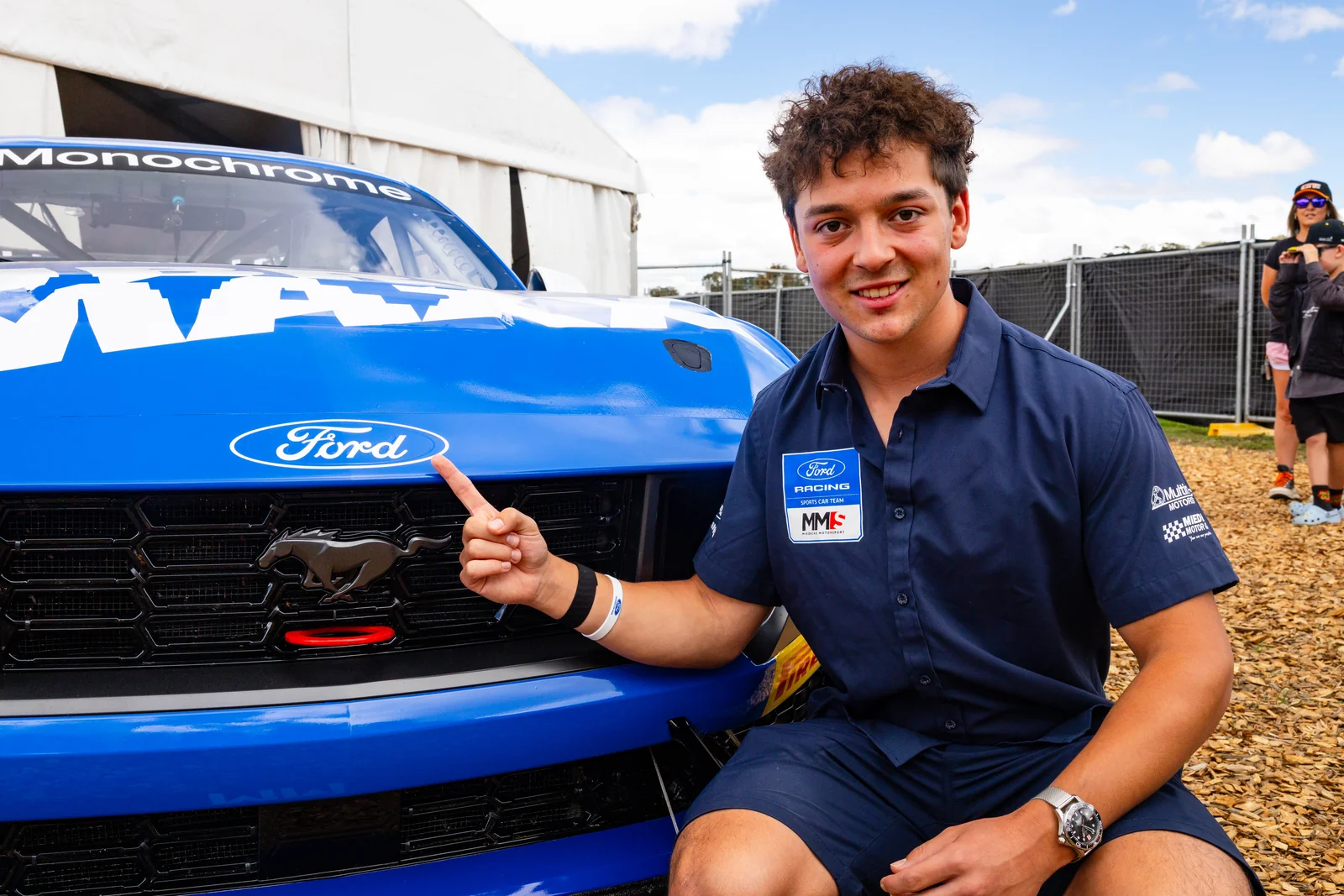 Blake Dowdall alongside his Ford Mustang GT4 at the Bathurst 12 Hour season launch