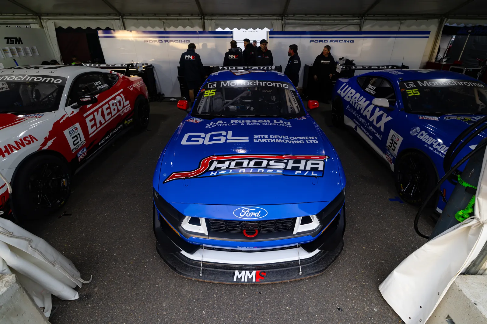 The #95 Ford Mustang GT4 in the Miedecke Motorsport garage at The Bend