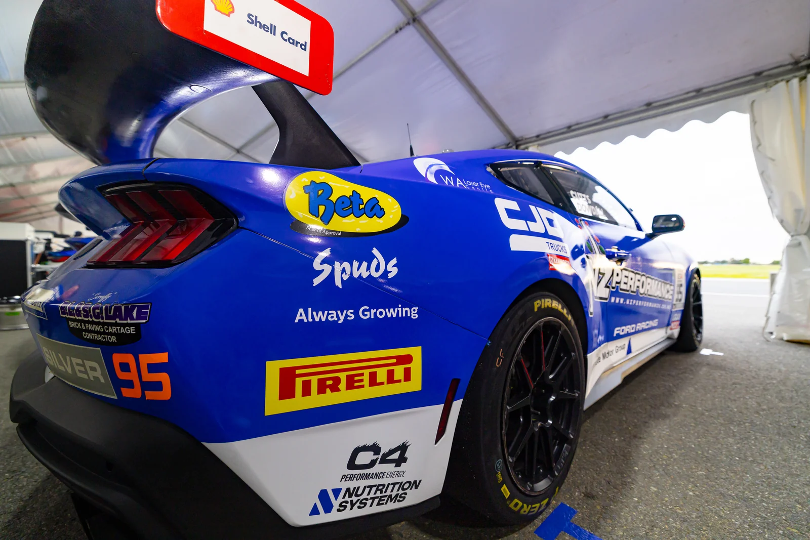 Rear-wing detail of Blake Dowdall's #95 Ford Mustang GT4 at The Bend