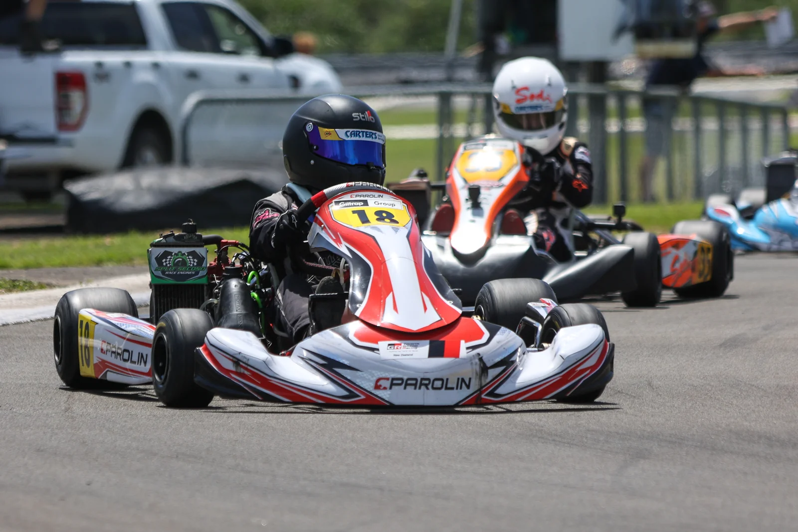 Blake Dowdall in close kart racing in the Rotax class